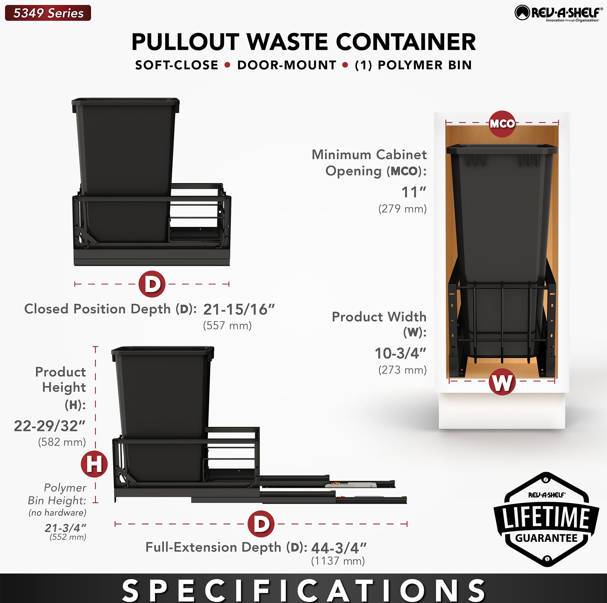 Rev-A-Shelf Single Pullout 50 qt. Kitchen Trash Can, Soft-Close, 5349-1550DM-118 - VMInnovations