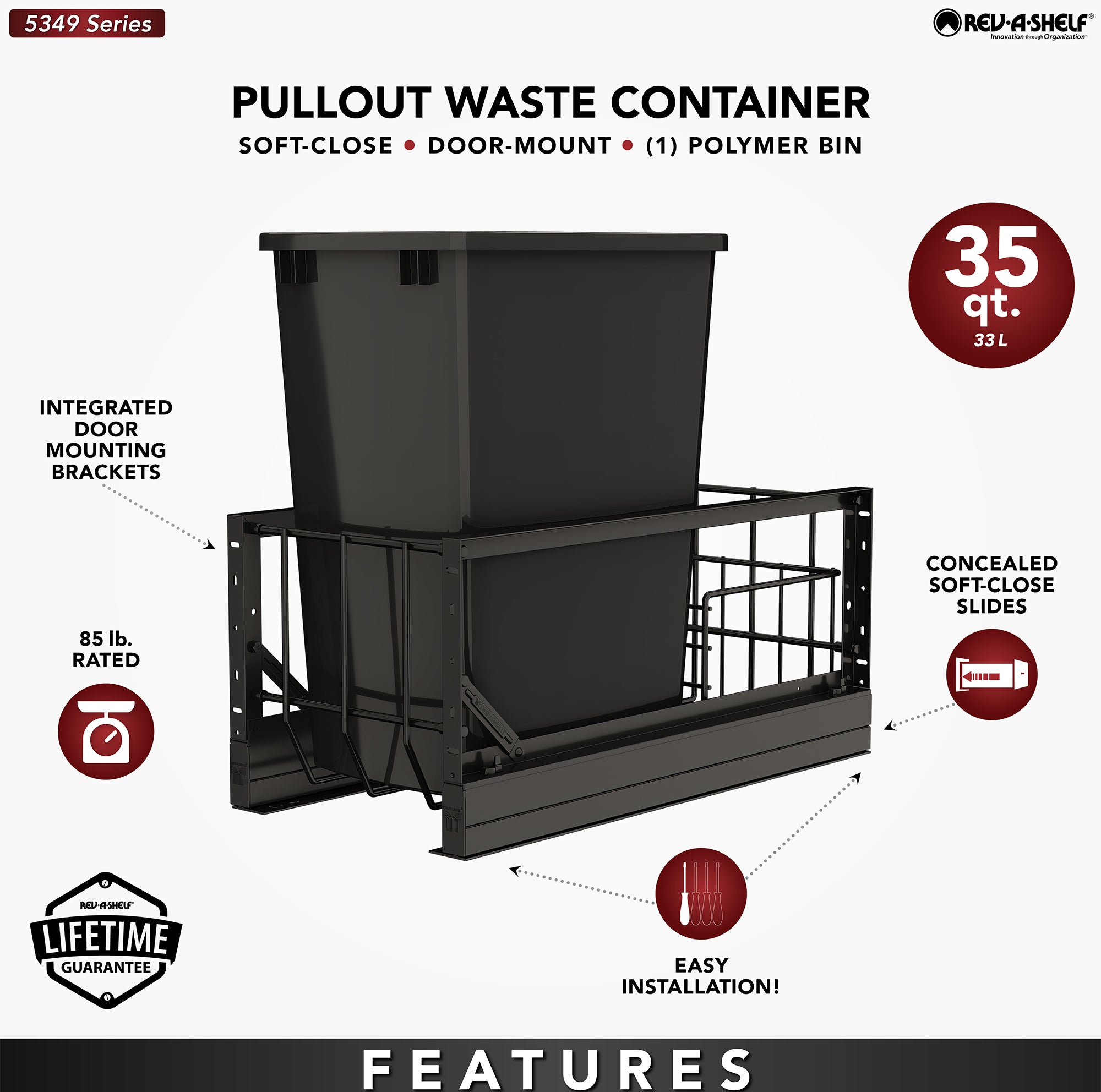 Rev-A-Shelf Single Pullout 35 qt. Kitchen Trash Can w/ Soft-Close, 5349-15DM-118 - VMInnovations