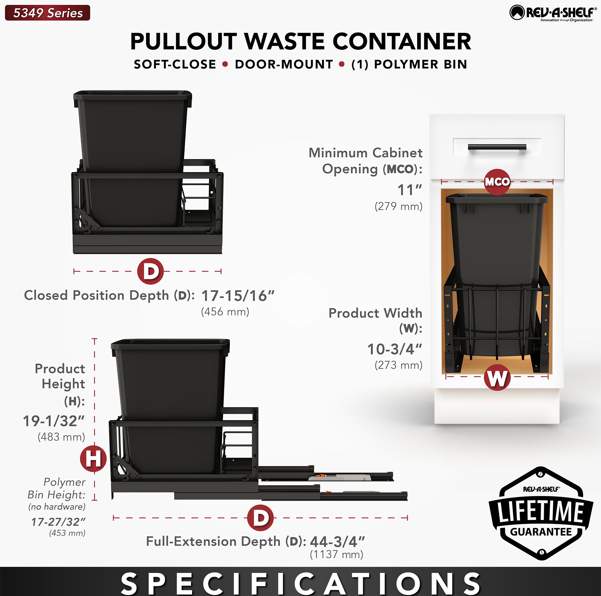 Rev-A-Shelf Single Pullout 35 qt. Kitchen Trash Can, Soft-Close, 5349-15DM18-118 - VMInnovations