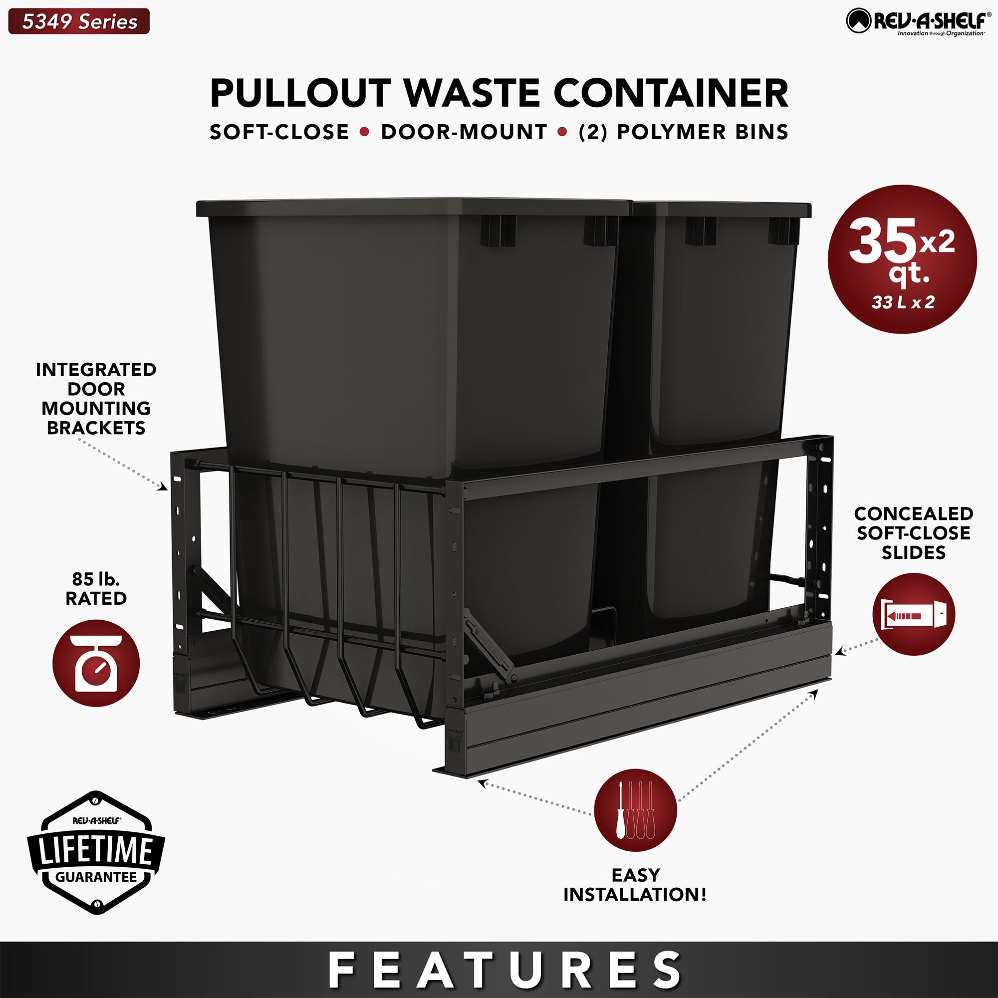 Rev-A-Shelf Double Pullout 35 qt. Kitchen Trash Can w/ Soft-Close, 5349-18DM-218