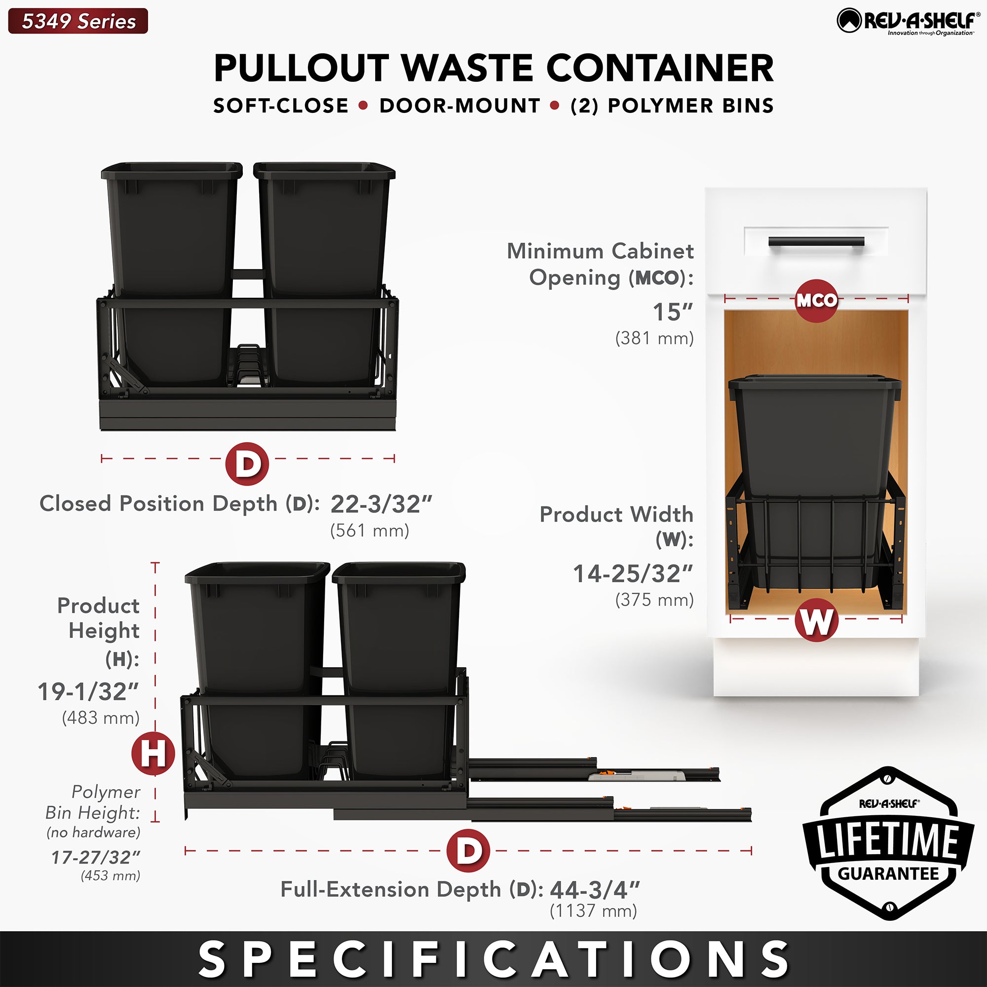 Rev-A-Shelf Double Pullout 35 qt. Kitchen Trash Can w/ Soft-Close, 5349-18DM-218