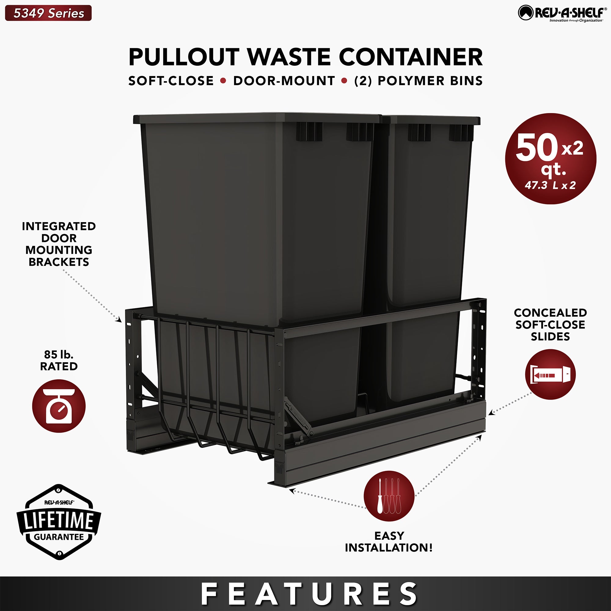 Rev-A-Shelf Double Pullout 50 qt. Kitchen Trash Can, Soft-Close, 5349-2150DM-218 - VMInnovations