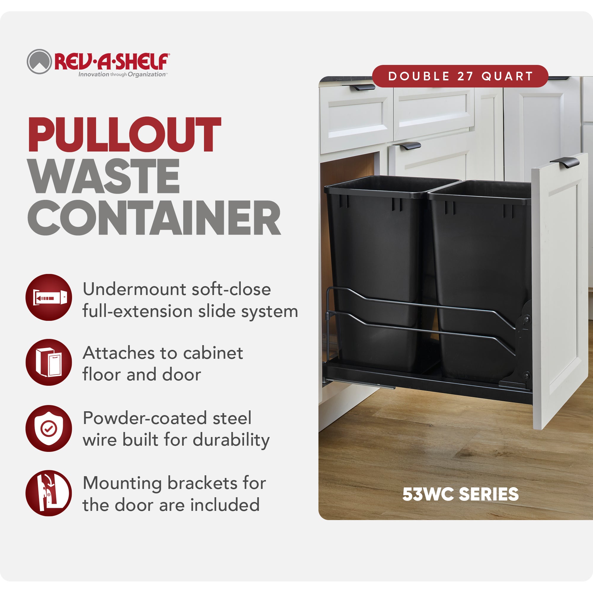 Rev-A-Shelf Double Pullout Kitchen Trash Can 27 qt. Soft-Close 53WC-1527SCDM-218 - VMInnovations