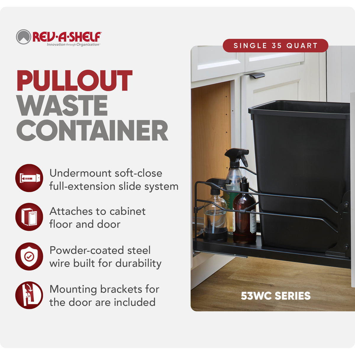 Rev-A-Shelf Pullout Kitchen Trash Can 35 qt. with Soft-Close, 53WC-1535SCDM-118
