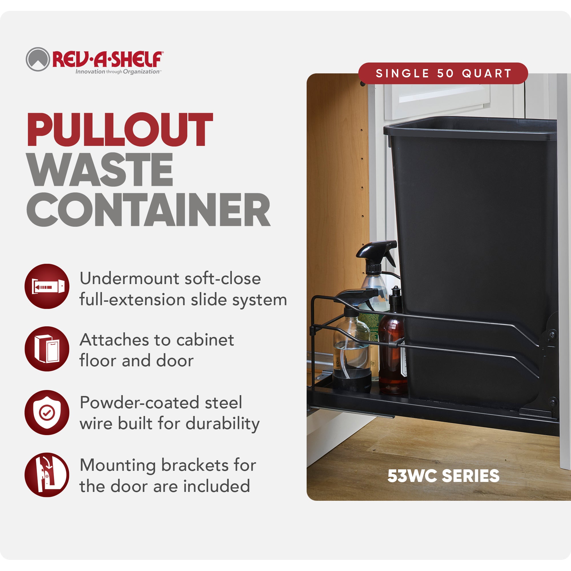 Rev-A-Shelf Pullout Kitchen Trash Can 50 qt. with Soft-Close, 53WC-1550SCDM-118