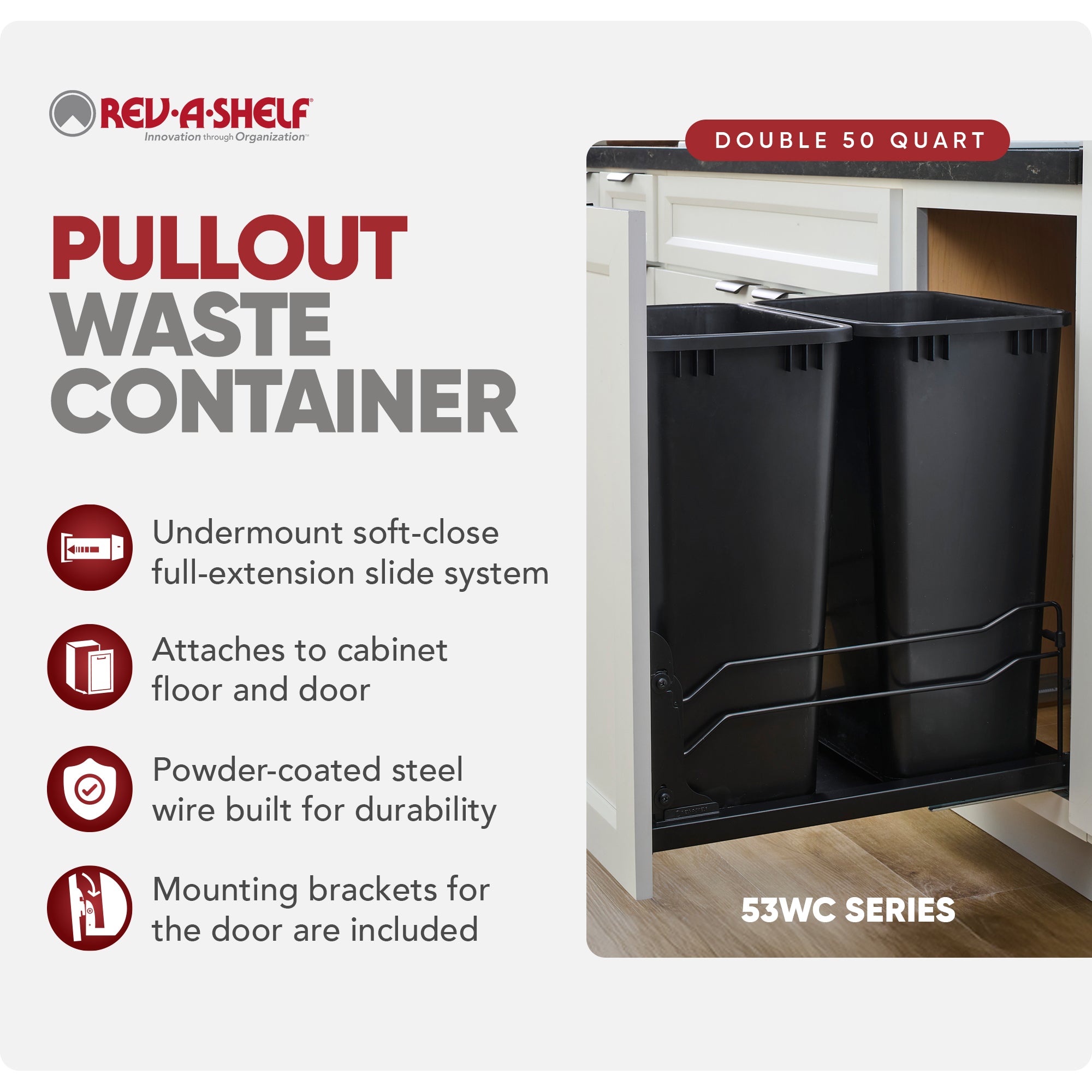 Rev-A-Shelf Double Pullout Kitchen Trash Can 50 qt. Soft-Close 53WC-2150SCDM-218