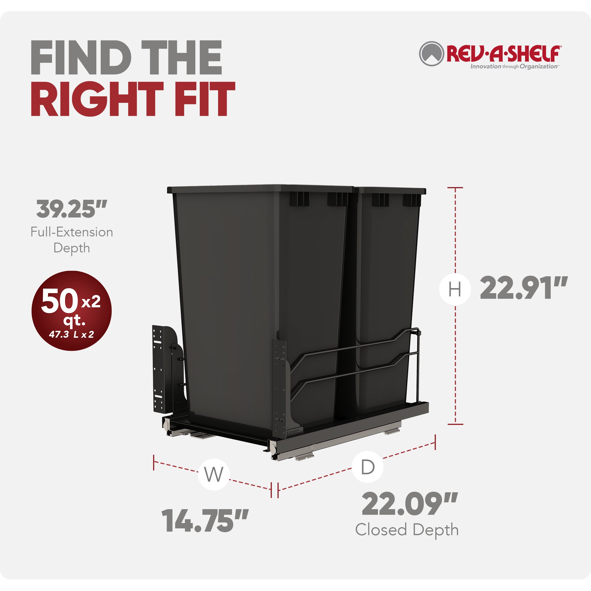 Rev-A-Shelf Double Pullout Kitchen Trash Can 50 qt. Soft-Close 53WC-2150SCDM-218