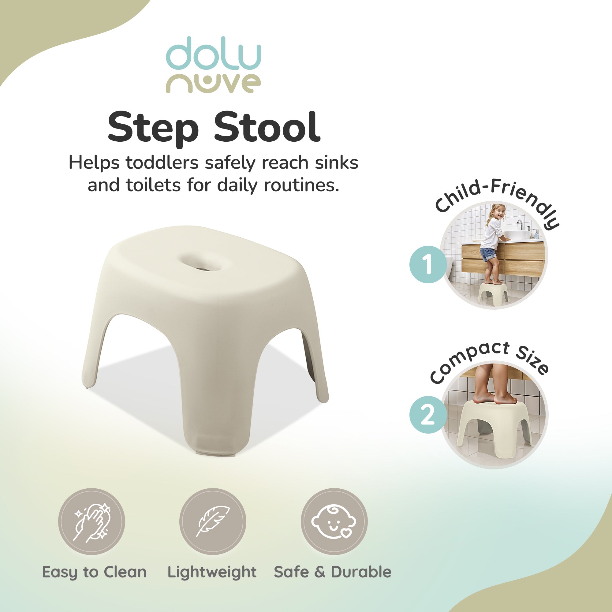 Dolu Nuve Kids Non-Slip Step Stool Toddler Helper for Bathroom, Relax Beige - VMInnovations