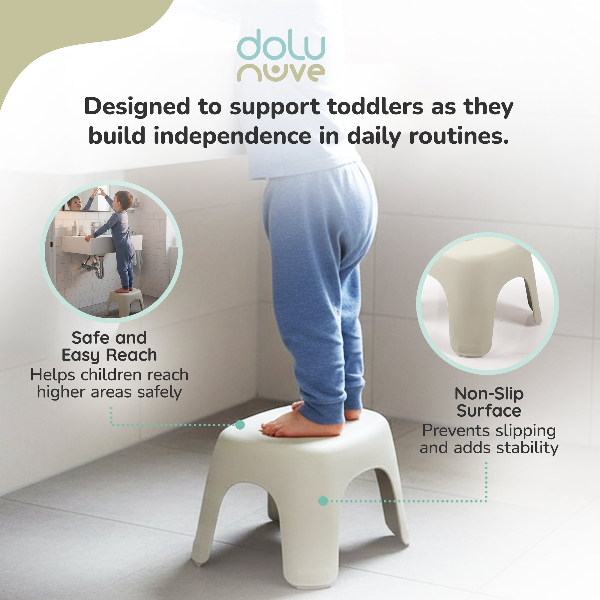 Dolu Nuve Kids Non-Slip Step Stool Toddler Helper for Bathroom, Relax Beige - VMInnovations
