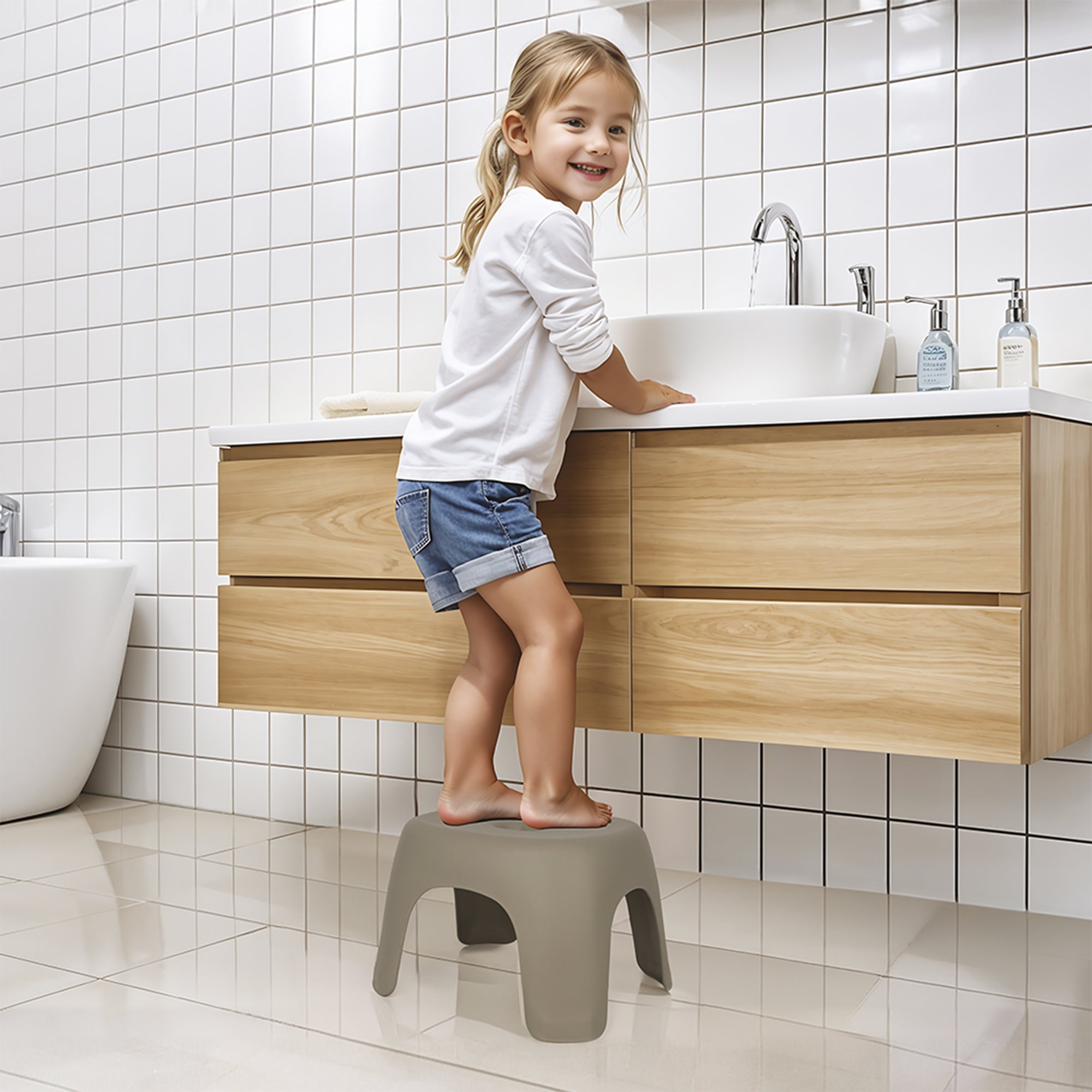 Dolu Nuve Kids Non-Slip Step Stool Toddler Helper for Bathroom, Stone Grey - VMInnovations