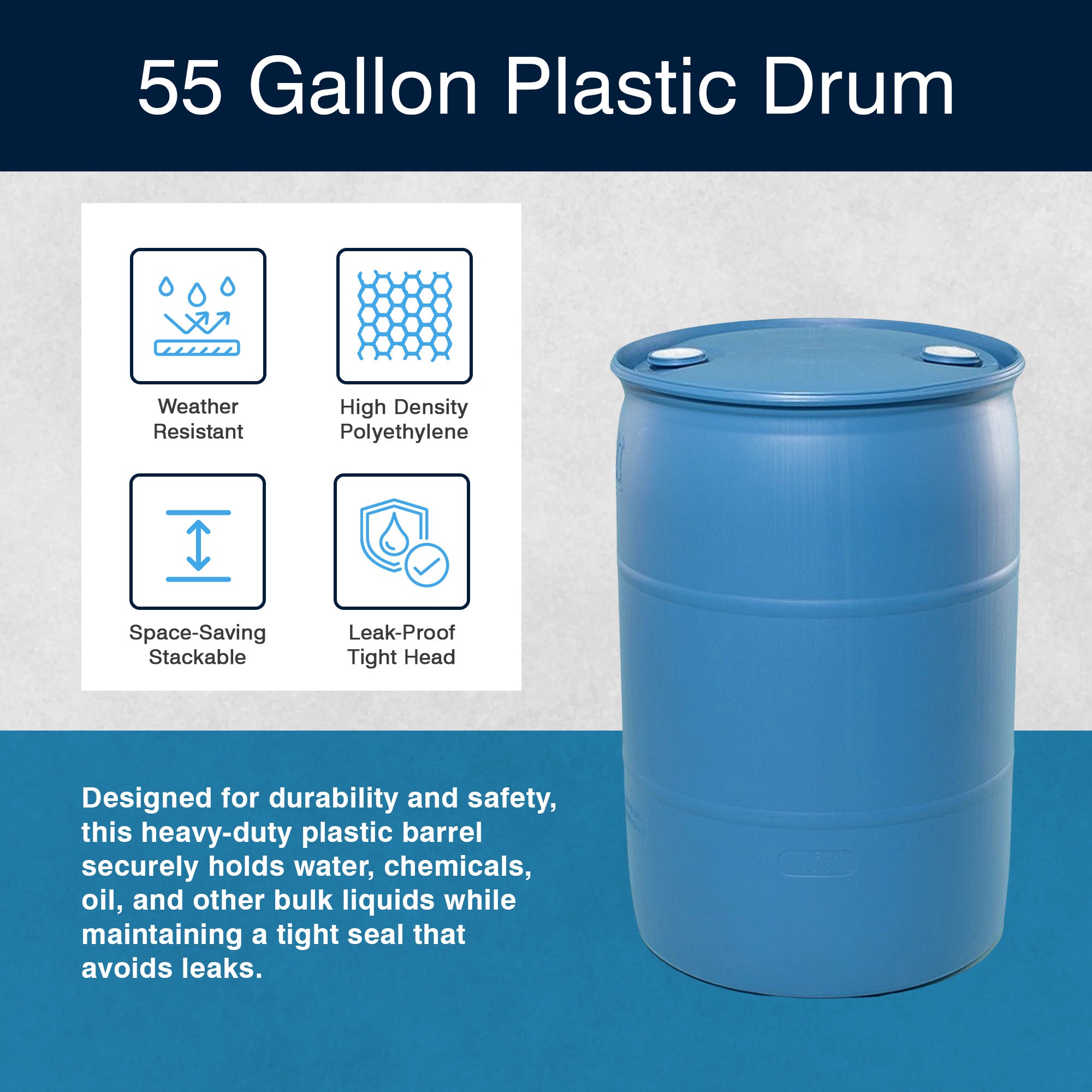 Bushman 55 Gallon Plastic Drum, Tight Head HDPE Container with Lid (Open Box)