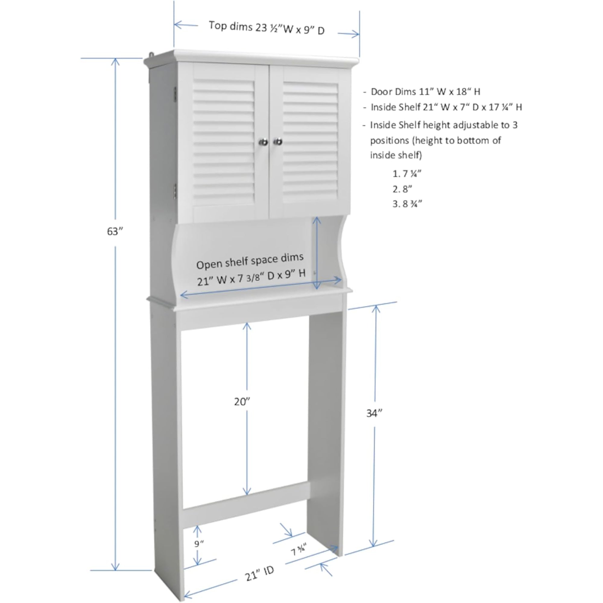 Redmon Louvered Over-The-Toilet Space Saver Cabinet, Adjustable Shelf, White - VMInnovations