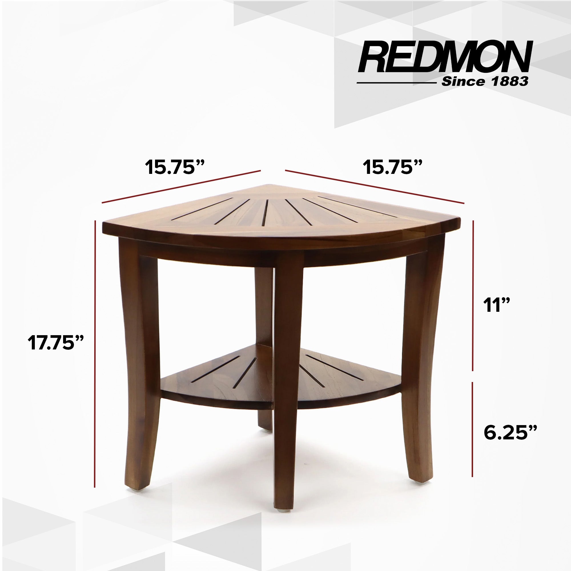 Redmon Genuine Teak Corner Shower Bench, Underseat Shelf Storage, Teak Woodgrain