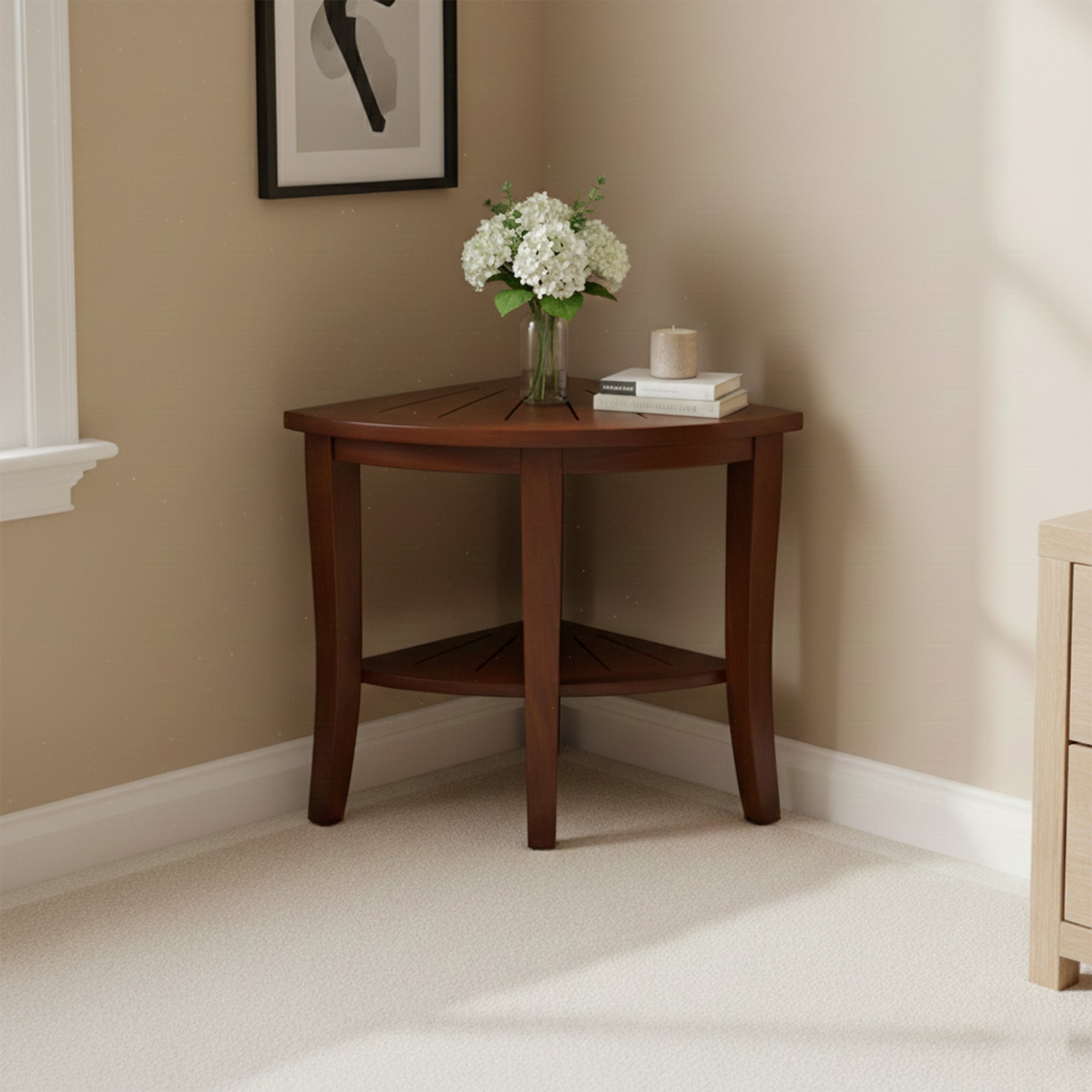 Redmon Genuine Teak Corner Shower Bench, Underseat Shelf Storage (Open Box)