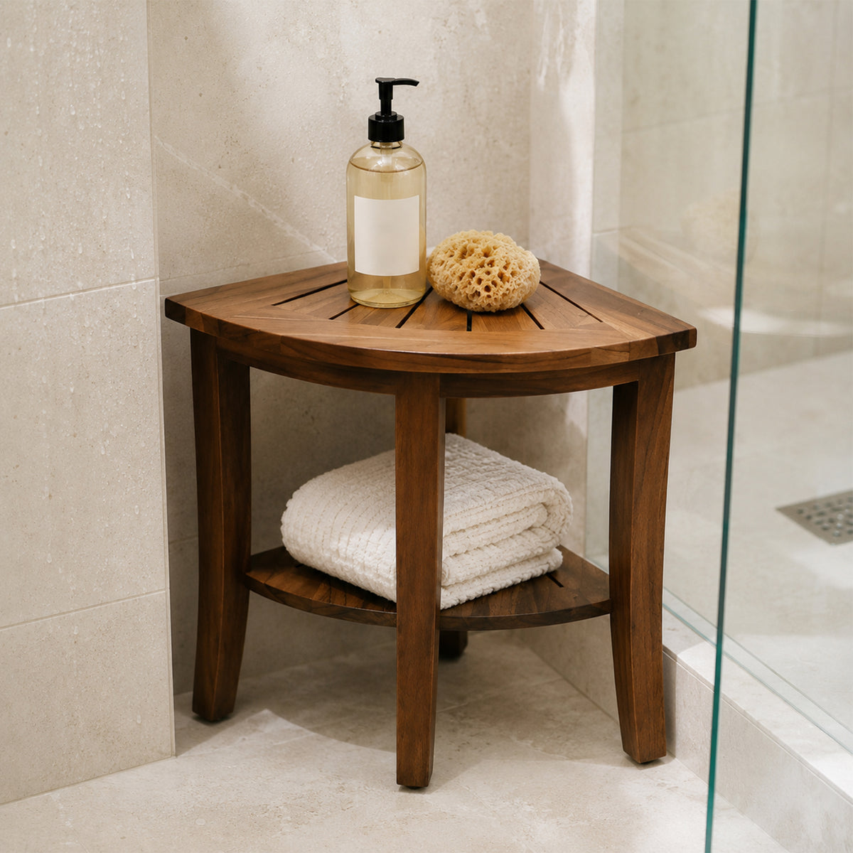 Redmon Genuine Teak Corner Shower Bench, Underseat Shelf Storage, (Used)