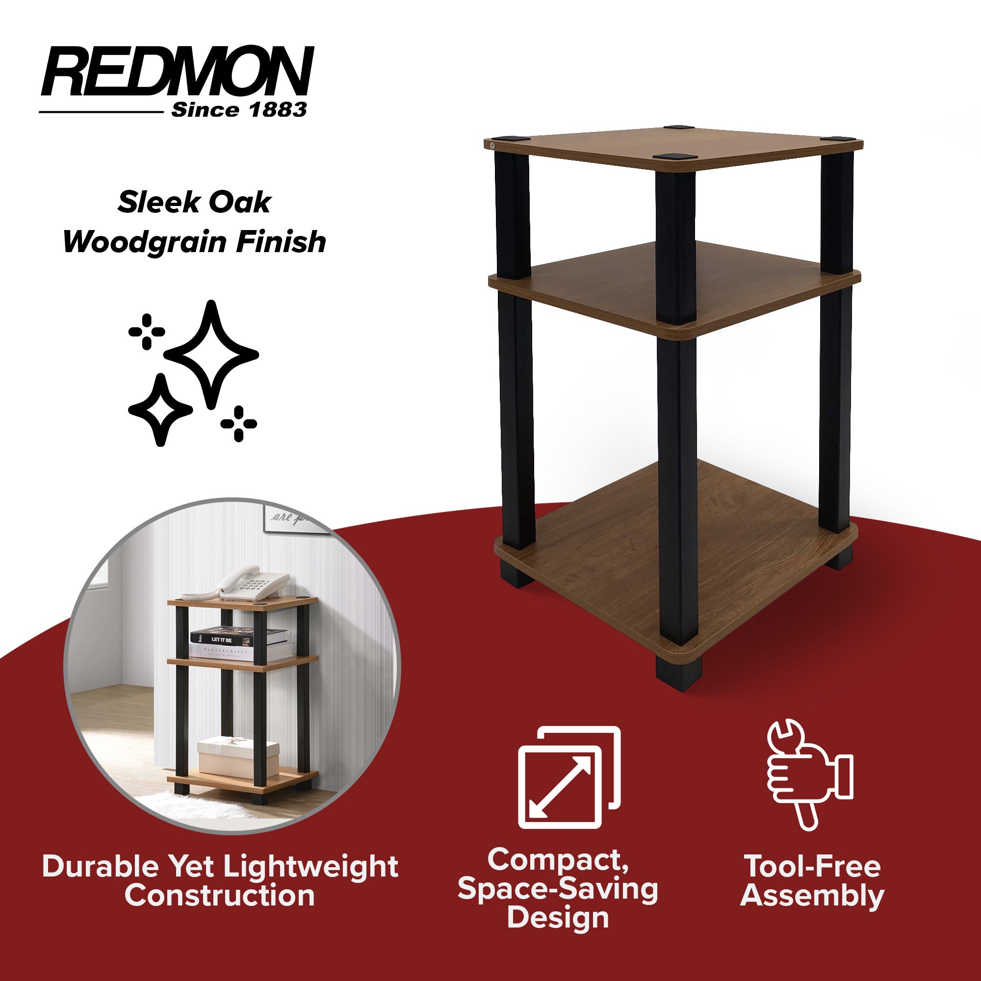 Redmon 3-Tier Shelf Side Table, Freestanding Storage Unit, Woodgrain (Open Box)