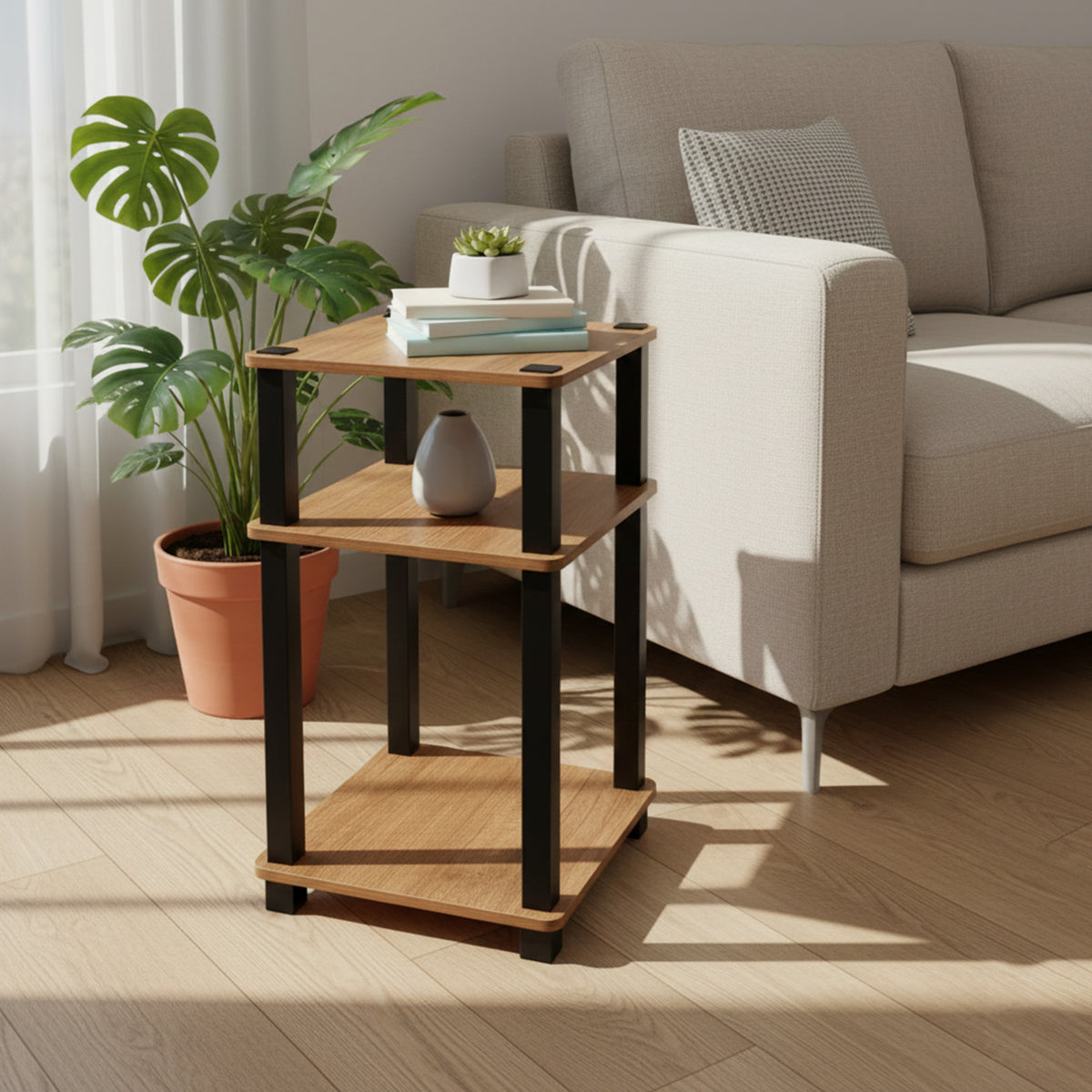 Redmon 3-Tier Shelf Side Table, Freestanding Storage Unit, Woodgrain (Open Box)