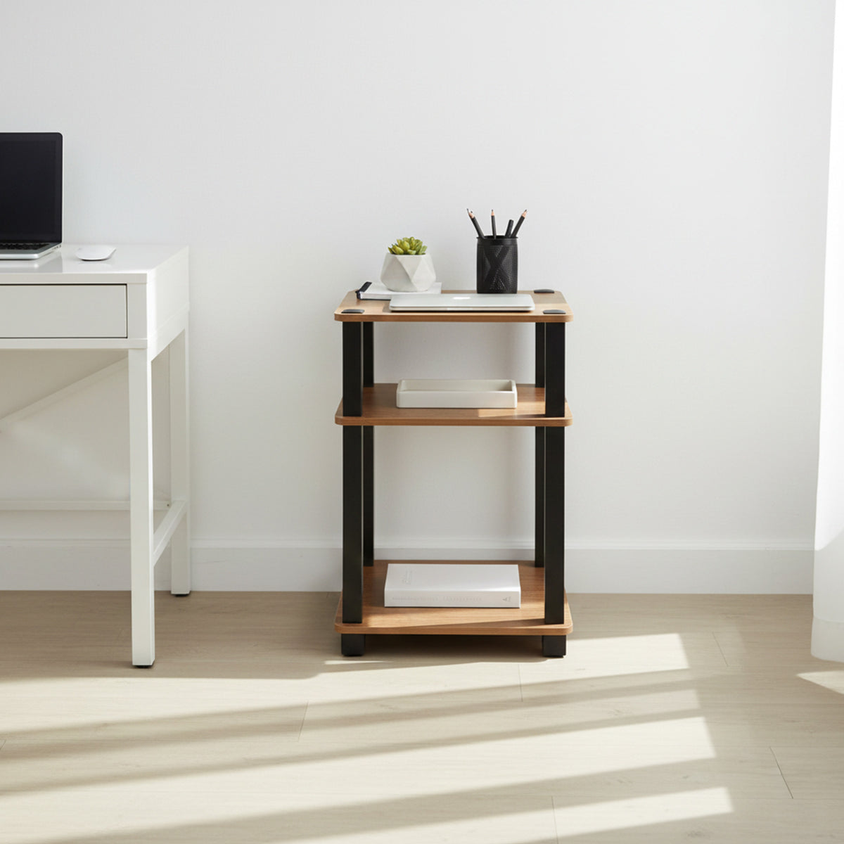 Redmon 3-Tier Shelf Side Table, Freestanding Storage Unit, Woodgrain (Open Box)
