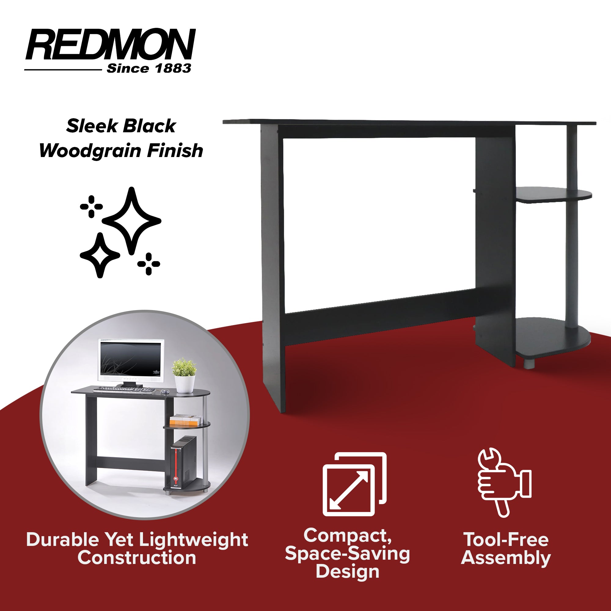 Redmon Computer Laptop Media Desk for Home or Office with Storage Shelves, Black - VMInnovations