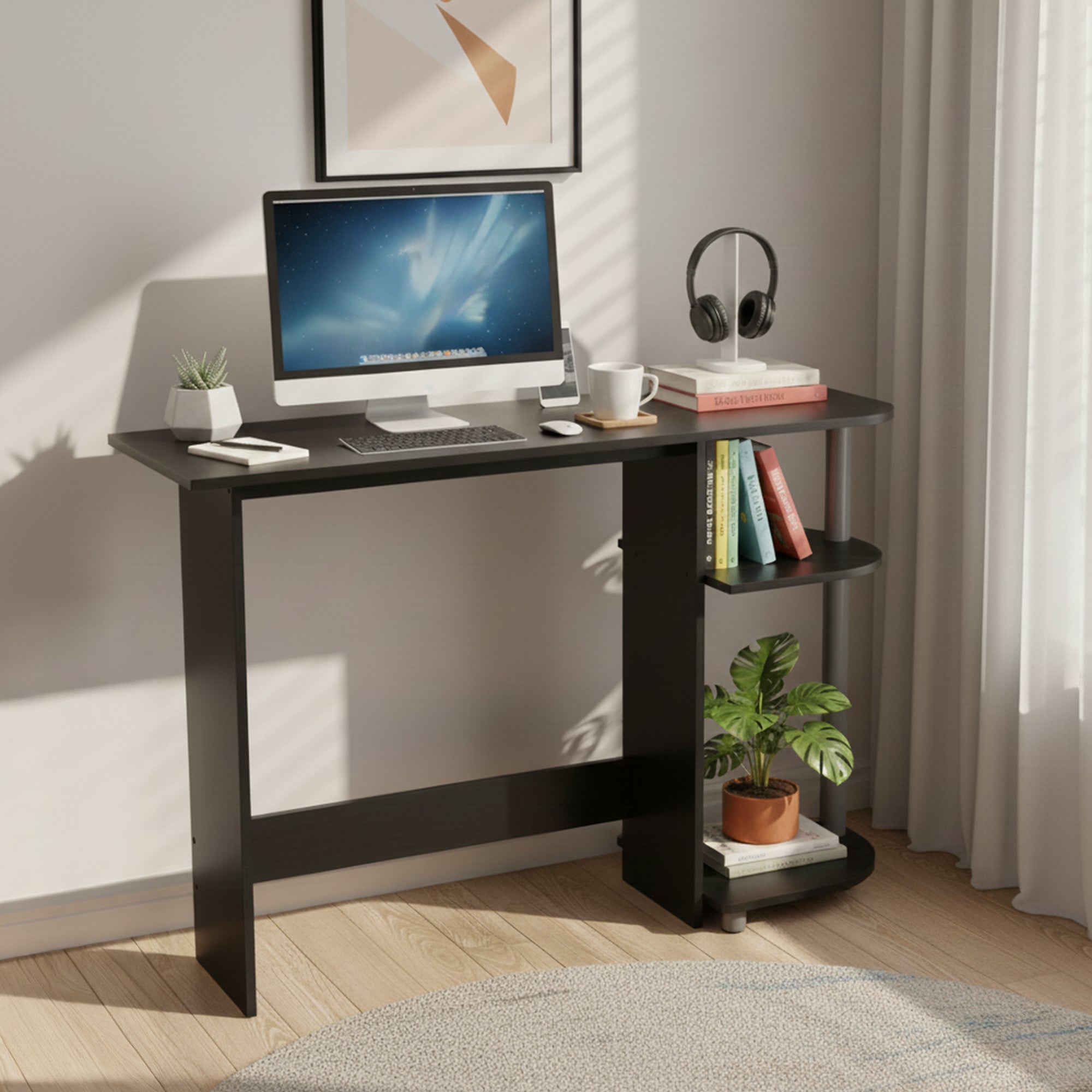 Redmon Computer Laptop Media Desk for Home or Office with Storage Shelves, Black - VMInnovations