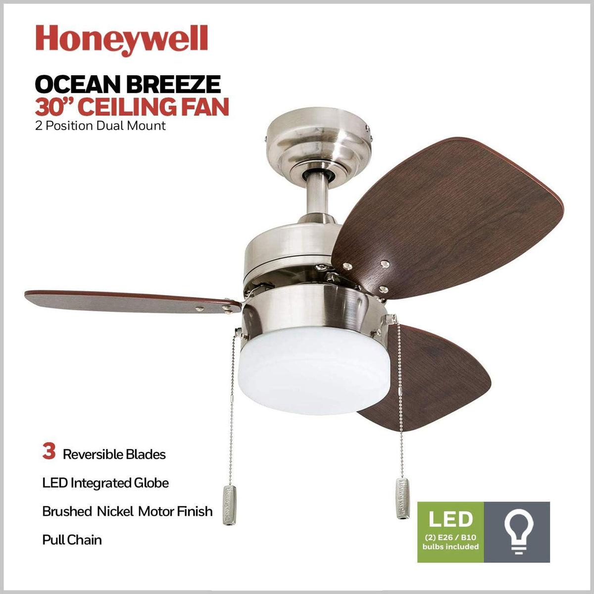Honeywell Ocean Breeze 30" Indoor Ceiling Fan w/Light, Brushed Nickel (Open Box)
