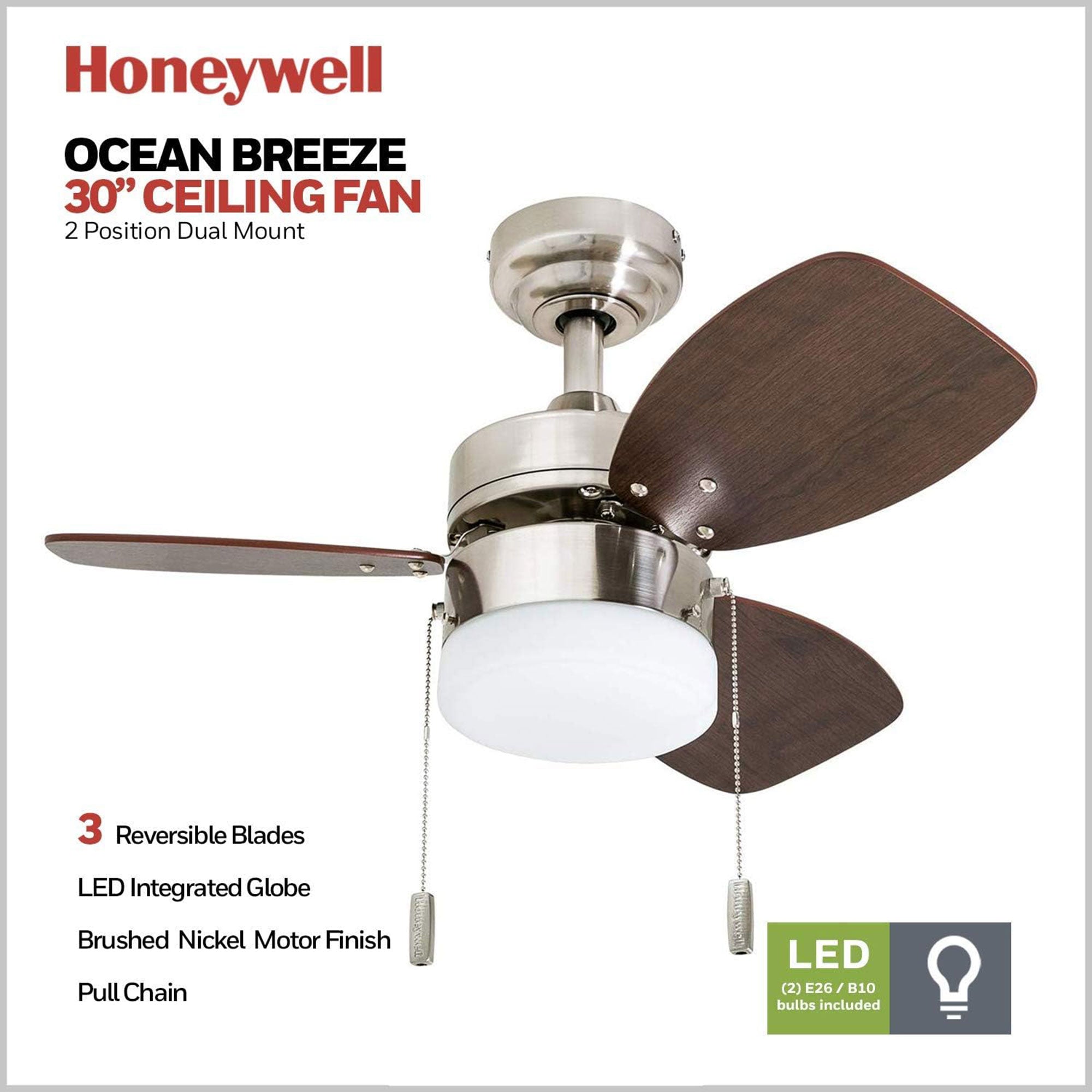 Honeywell Ocean Breeze 30 Inch Indoor Ceiling Fan w Light, Brushed Nickel (Used)