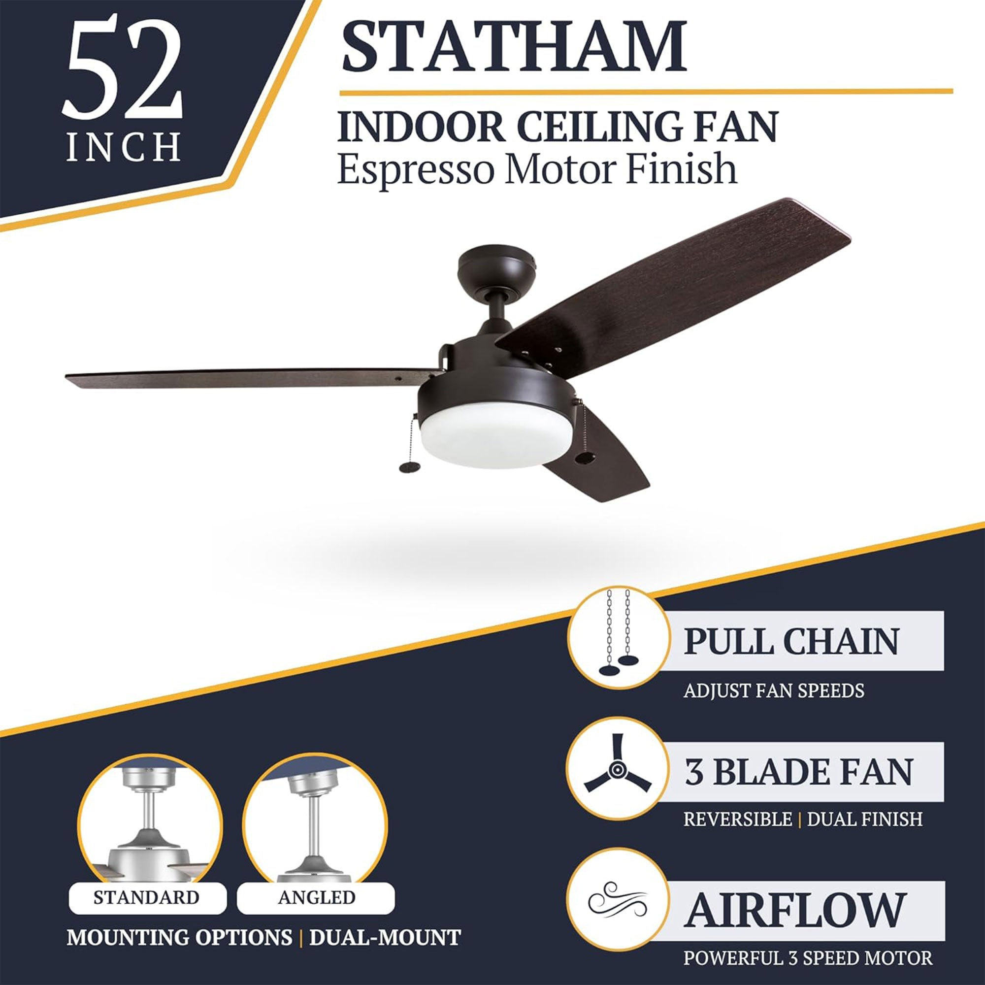Prominence Home Statham 52" Indoor LED Ceiling Fan with Pull Chain, Bronze - VMInnovations