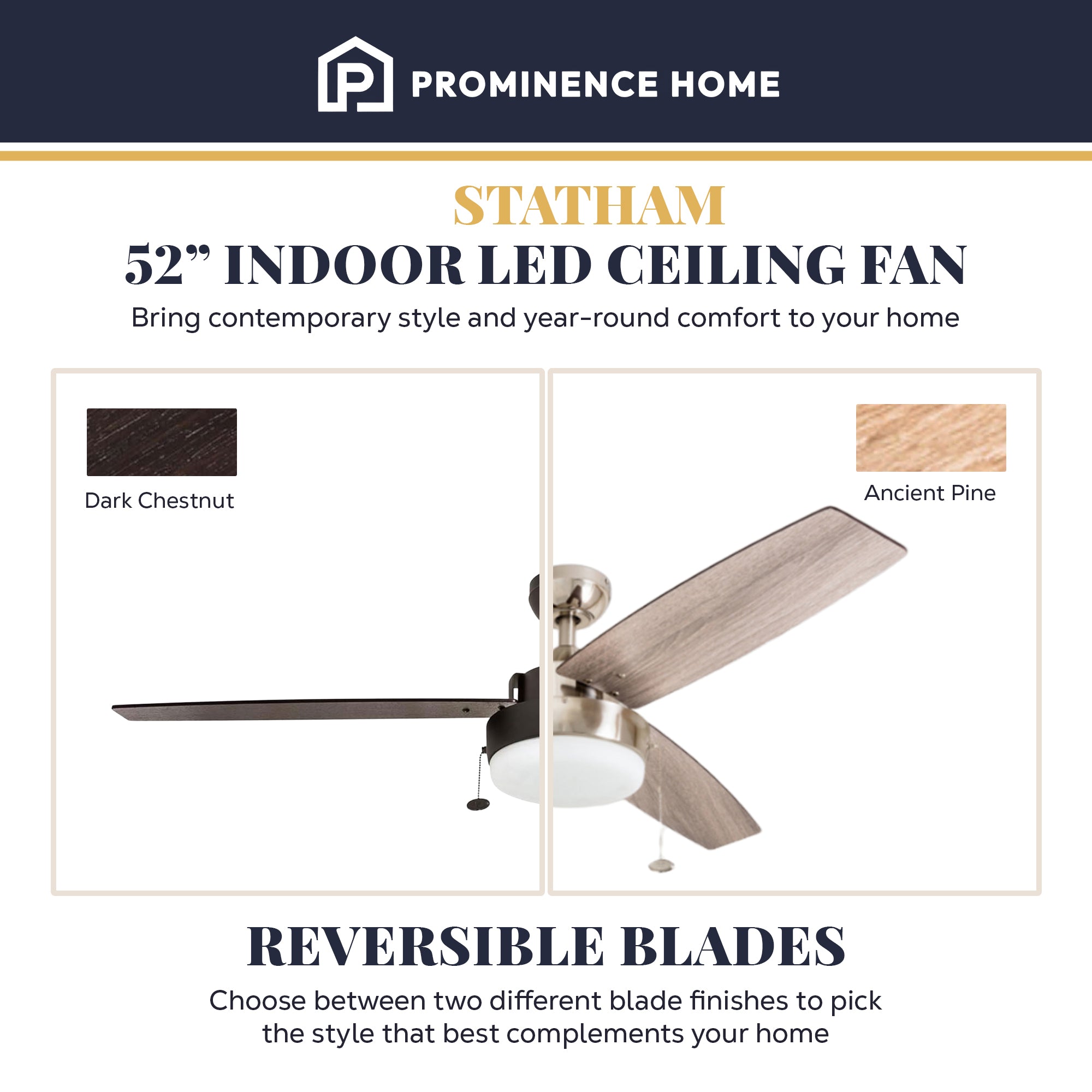 Prominence Home Statham 52" Indoor LED Ceiling Fan with Pull Chain, Bronze