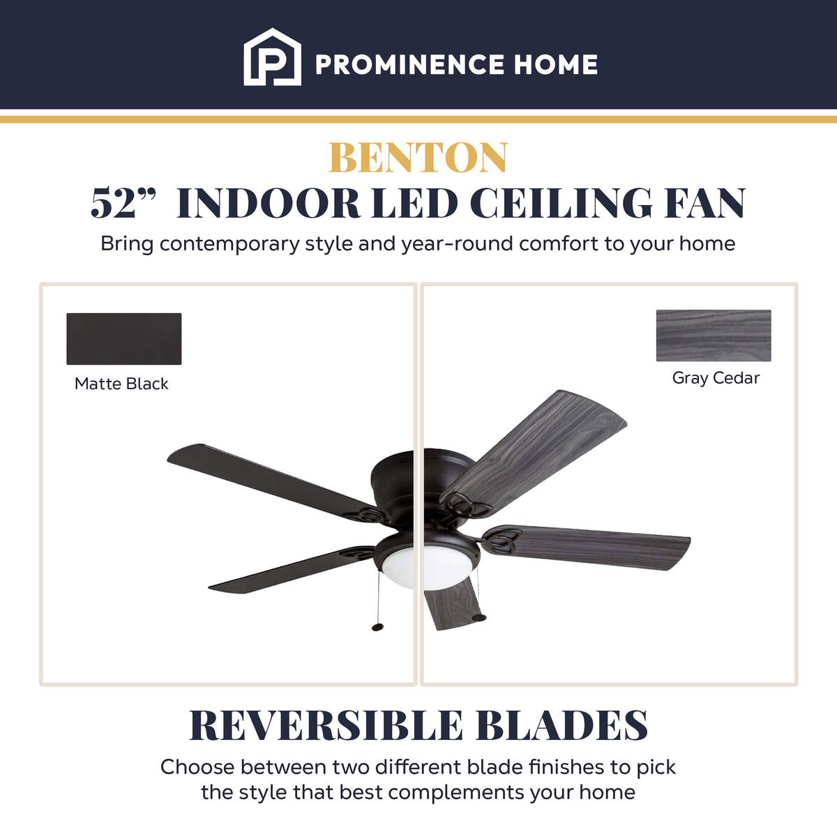 Prominence Home Benton 52" Indoor LED Ceiling Fan with Pull Chain, Matte Black