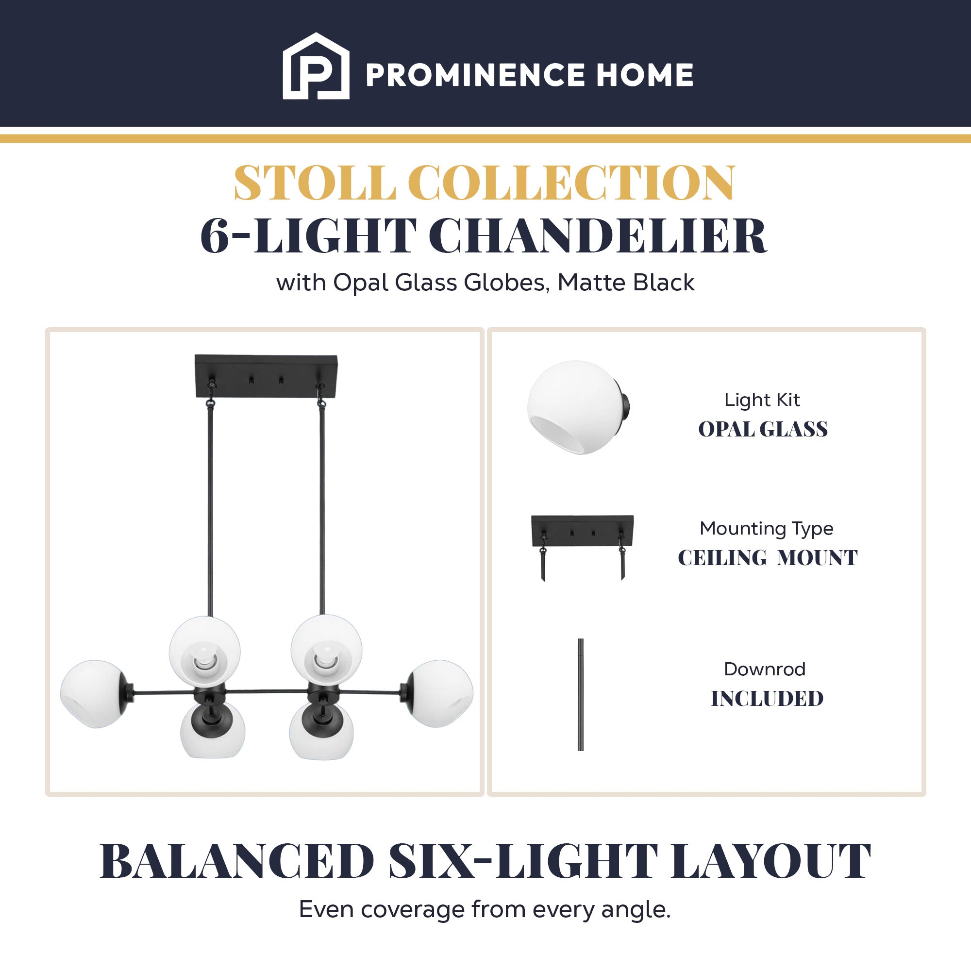 Prominence Home Stoll 6-Light Chandelier with Opal Glass Globes, Matte Black