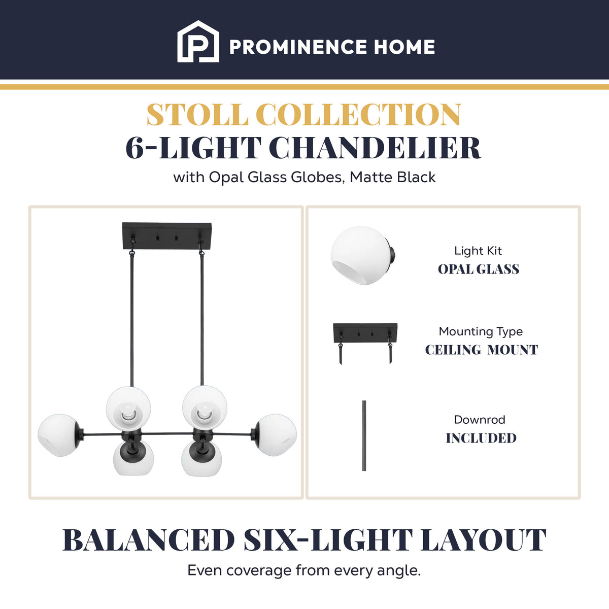Prominence Home Stoll 6-Light Chandelier with Opal Glass Globes, Matte Black