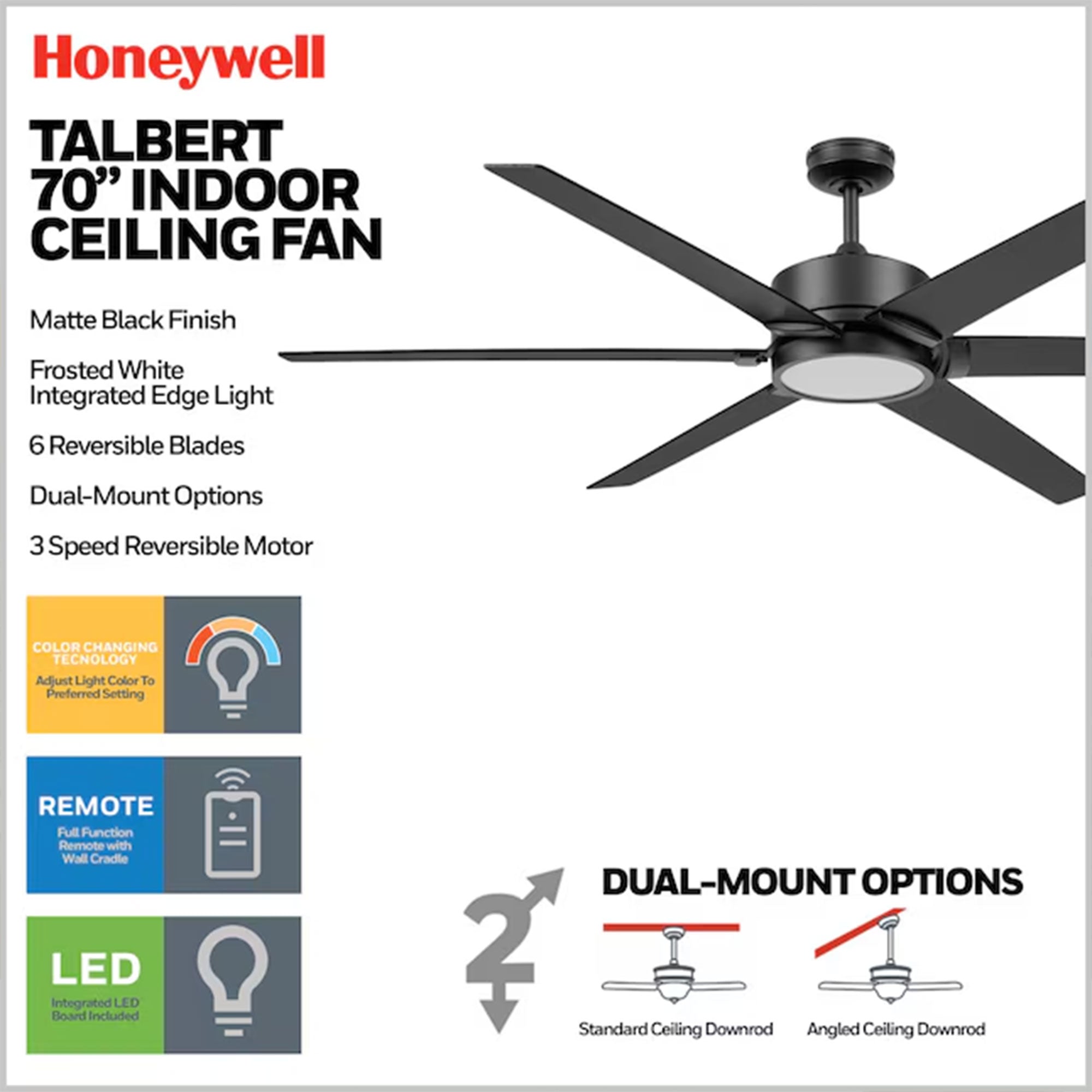 Honeywell Talbert Ceiling Fan, Color Changing LED and Remote, 70", Matte Black - VMInnovations