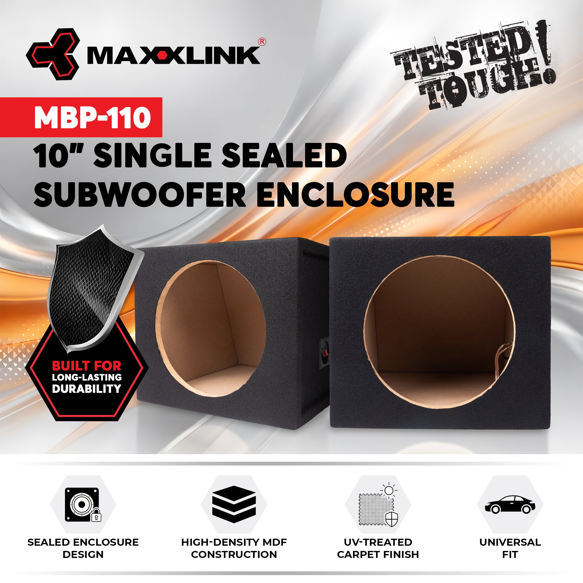 Maxxlink MBP-110 10" Single Sealed Subwoofer Box Enclosure, Universal Fit, Black - VMInnovations