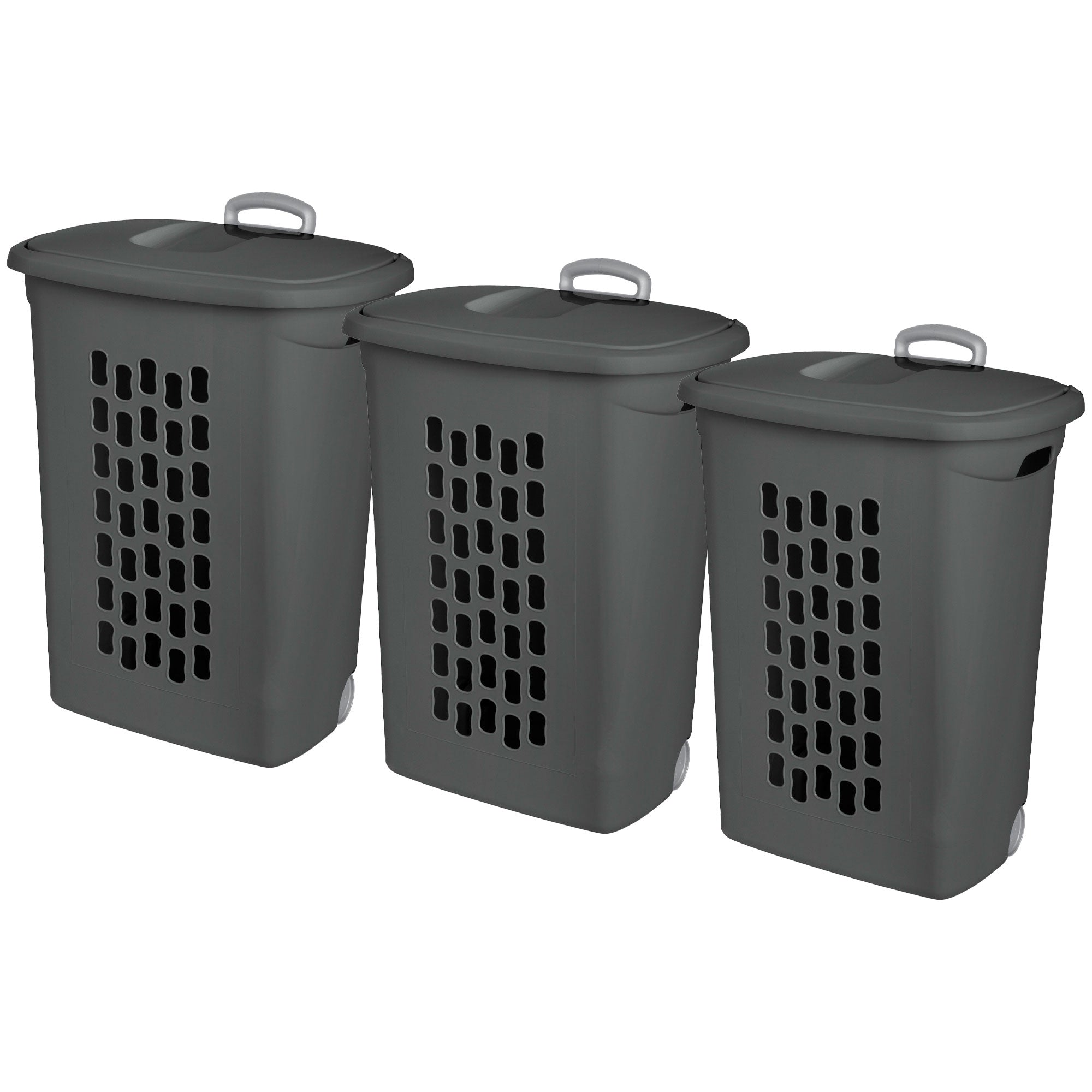Sterilite Ultra Wheeled Hamper, Laundry Basket w/Lid & Handle, Flat Grey, 3 Pack - VMInnovations
