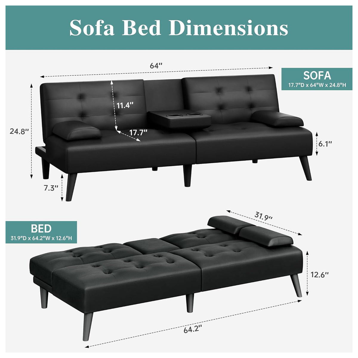 Meilocar 64" Futon Sofa Bed Couch, Convertible Sofa w/Cup Holders (For Parts) - VMInnovations