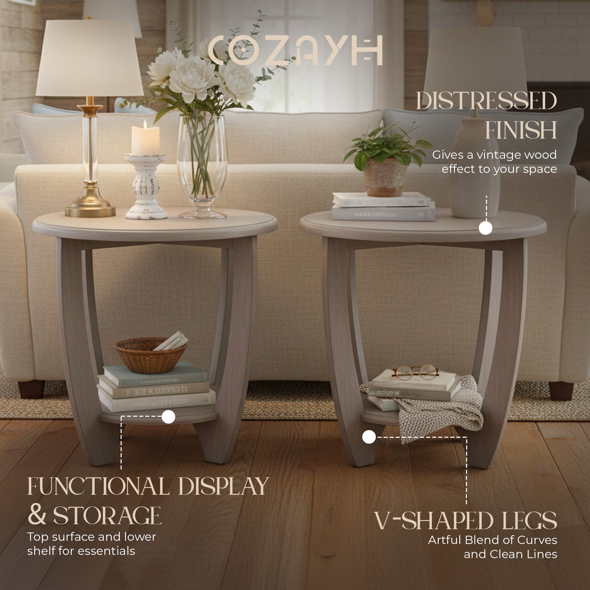 COZAYH Rustic Farmhouse Wooden End Table & Storage Shelf, Vintage Grey(Open Box)