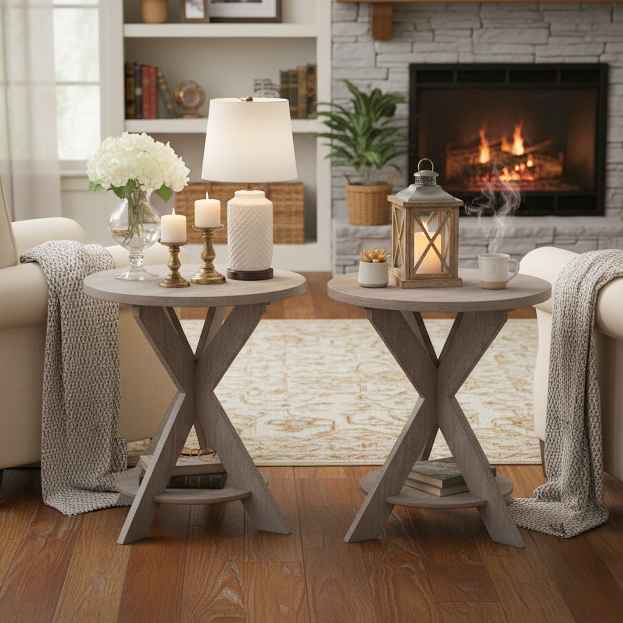 COZAYH Farmhouse Round Wooden End Table with Cross Legs, Vintage Grey, Set of 2 - VMInnovations