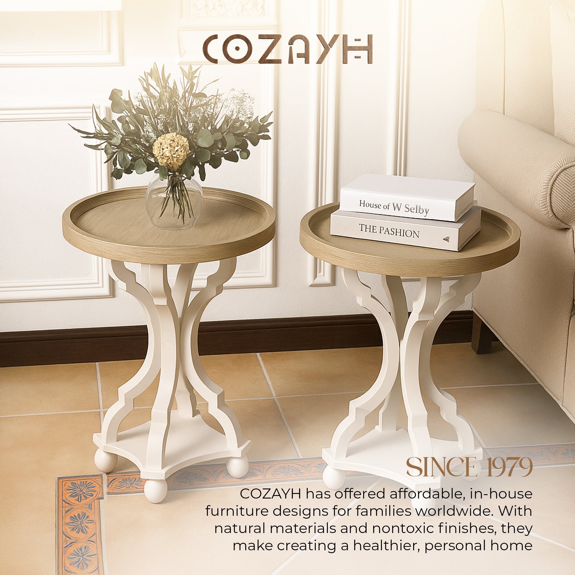 COZAYH Round Rustic Wood Accent Tray Top Nightstand Side Table, White, Set of 2 - VMInnovations