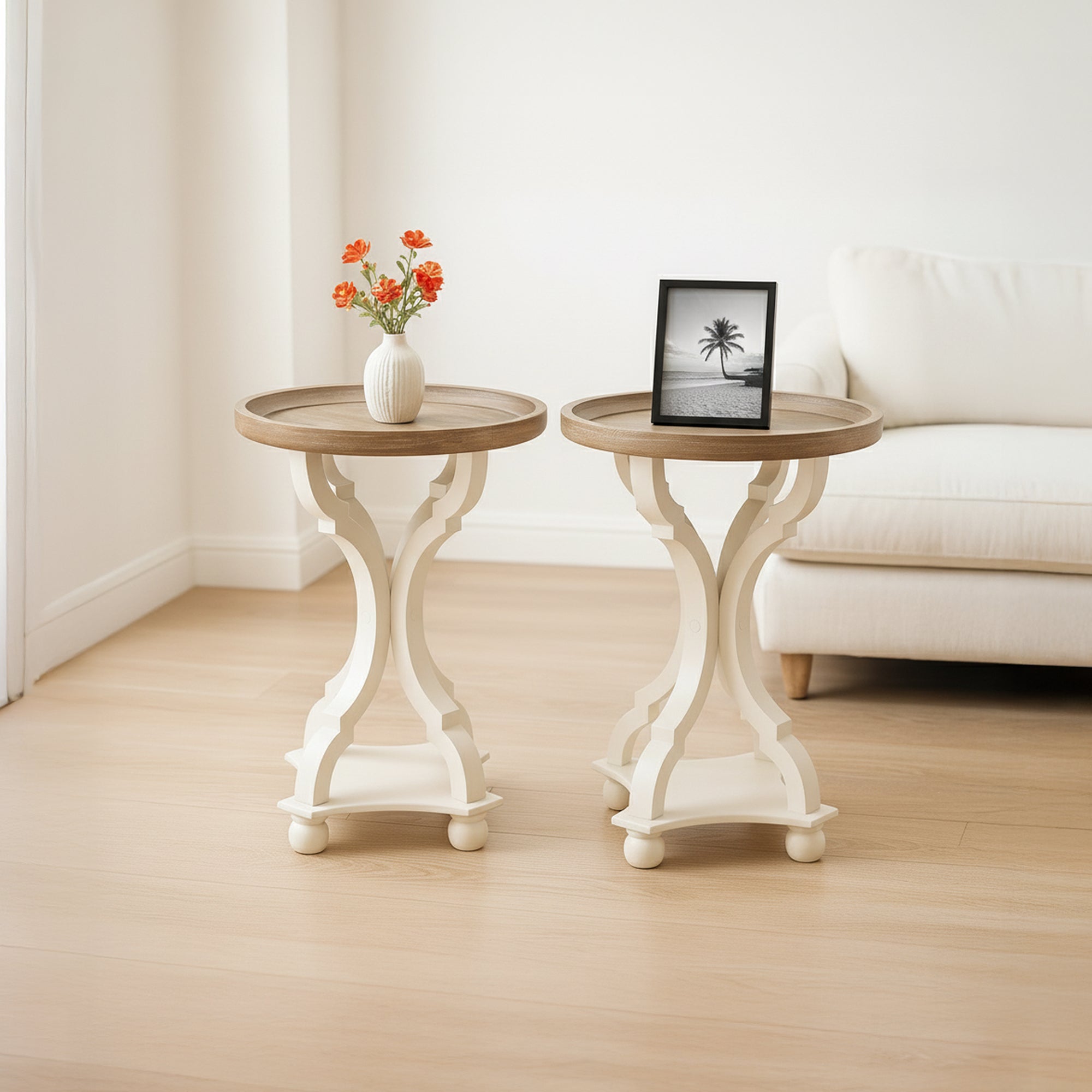 COZAYH Round Rustic Wood Accent Tray Top Nightstand Side Table, White, Set of 2 - VMInnovations