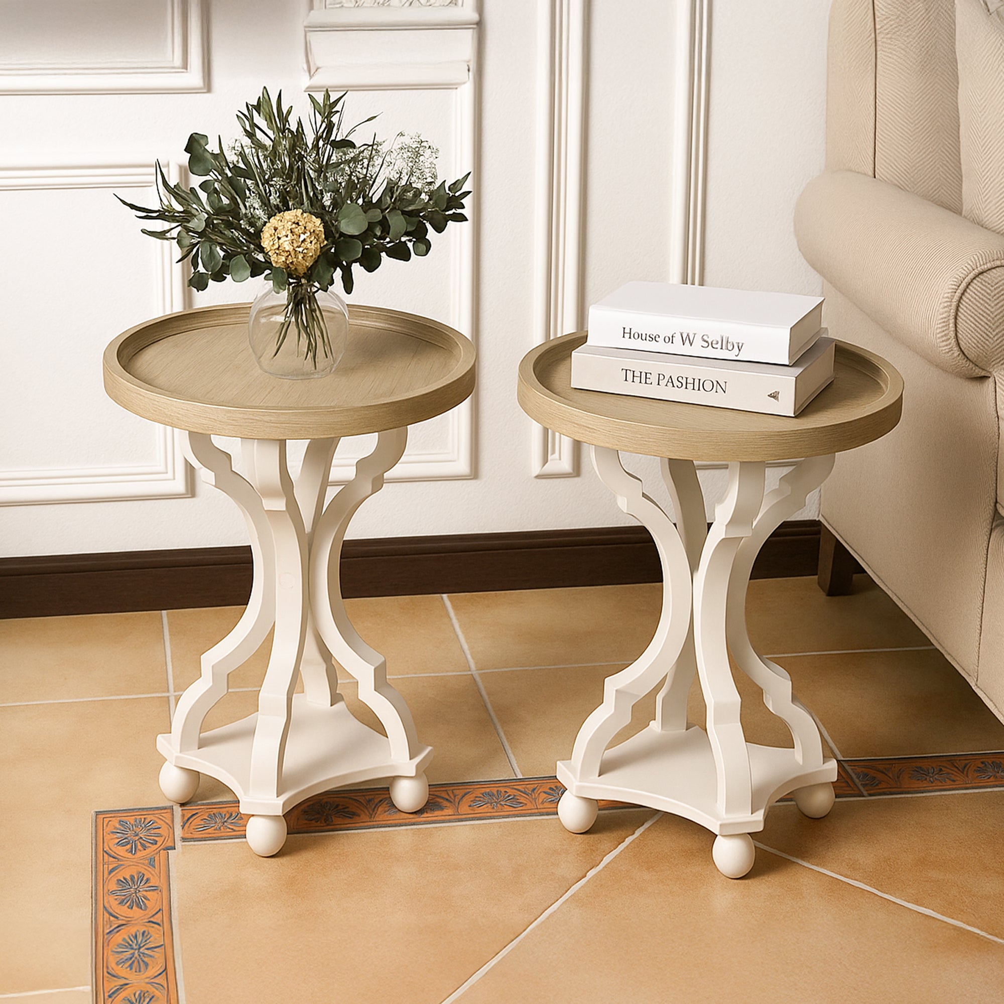 COZAYH Round Rustic Wood Accent Tray Top Nightstand Side Table, White, Set of 2 - VMInnovations
