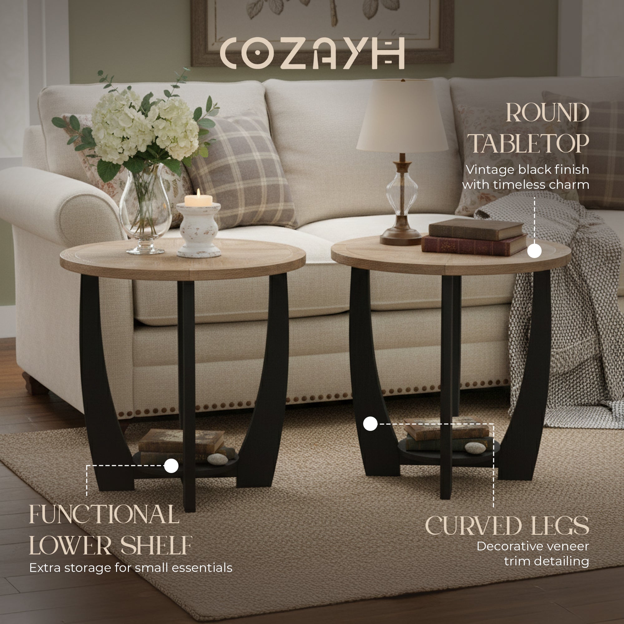COZAYH Rustic Farmhouse Round End Table, Storage Shelf for Living Room, Set of 2 - VMInnovations
