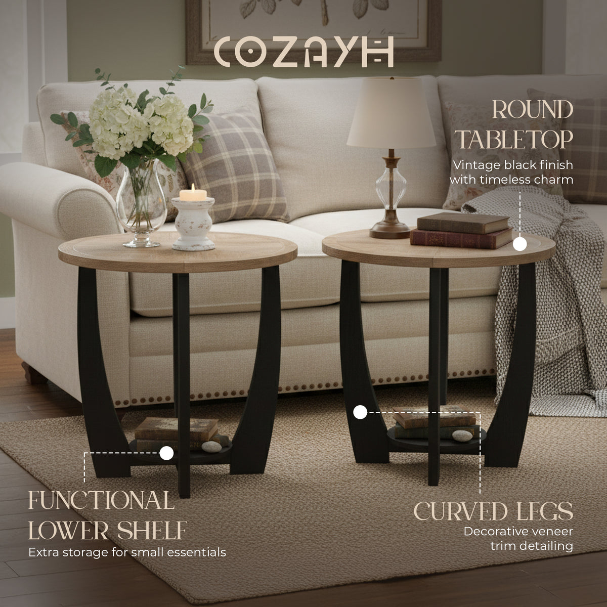 COZAYH Rustic Farmhouse Round End Table, Storage Shelf for Living Room, Set of 2