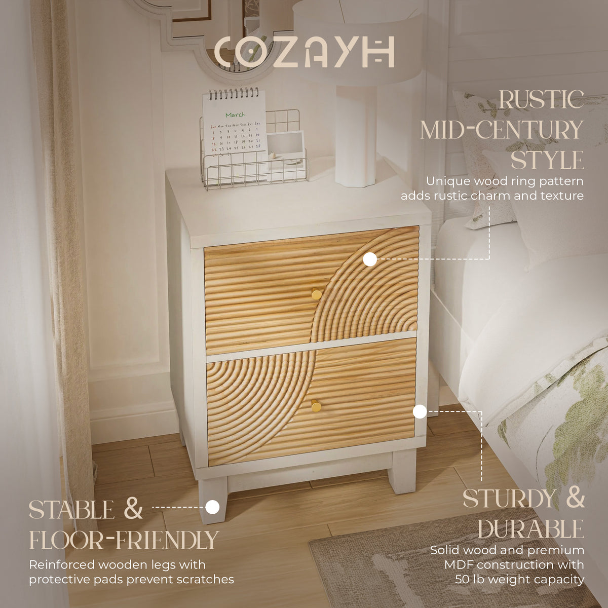 COZAYH 2-Drawer Farmhouse Bedroom Nightstand w/ Rustic Wood Ring Pattern, White