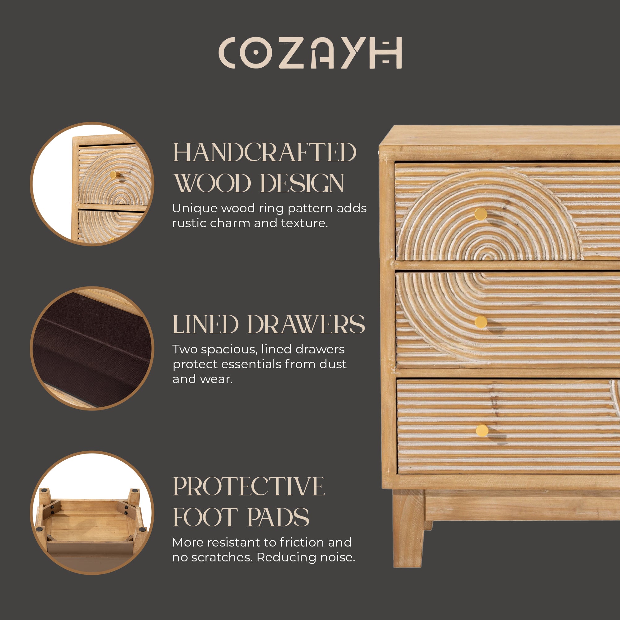 COZAYH 3-Drawer Farmhouse Dresser, Rustic Ring Motif Nightstand, Natural Wood - VMInnovations
