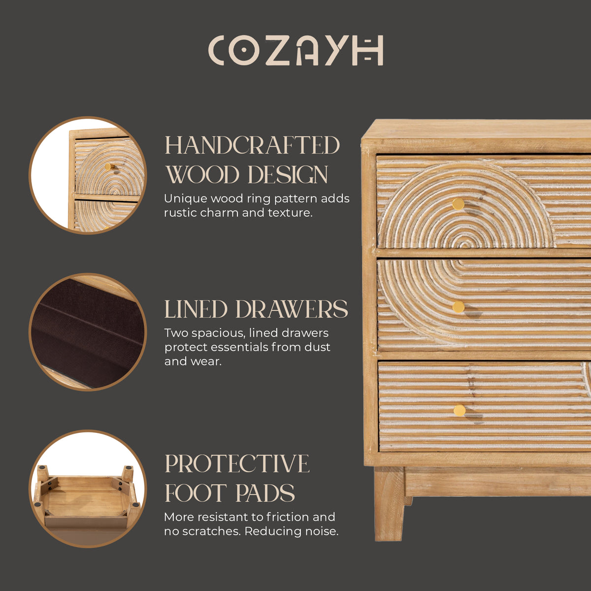 COZAYH 2 Pack 3-Drawer Farmhouse Dresser, Rustic Ring Motif Nightstand, Natural