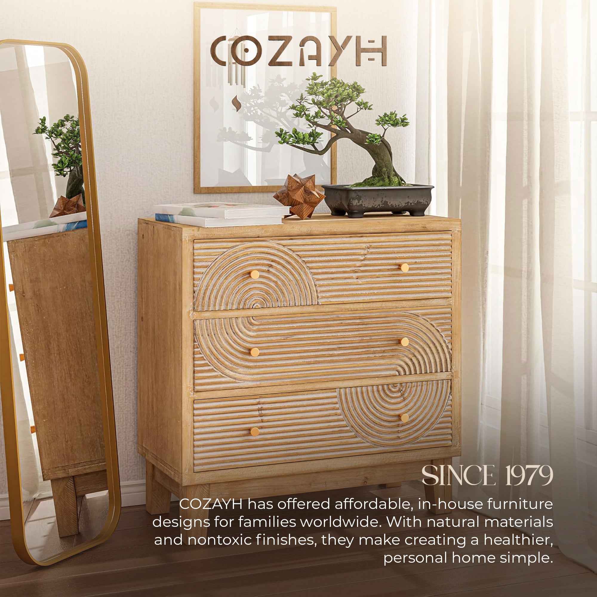 COZAYH 3-Drawer Farmhouse Dresser, Rustic Ring Motif Nightstand, Natural Wood - VMInnovations
