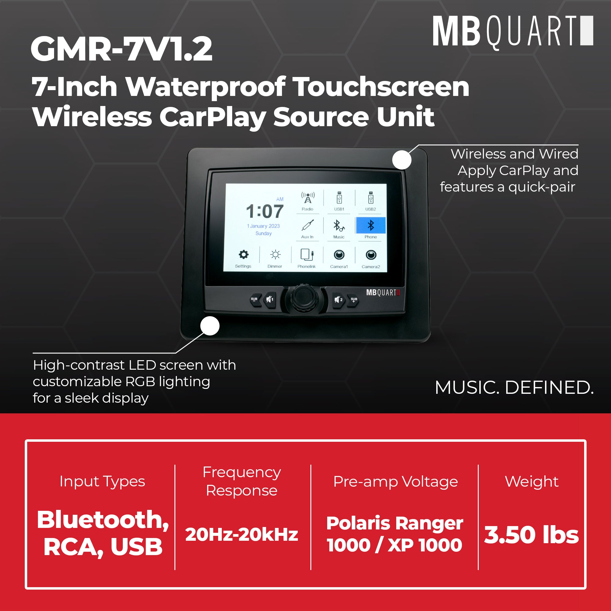 MB Quart 7" Touchscreen Wireless CarPlay Android Auto Car Powersports Receiver - VMInnovations