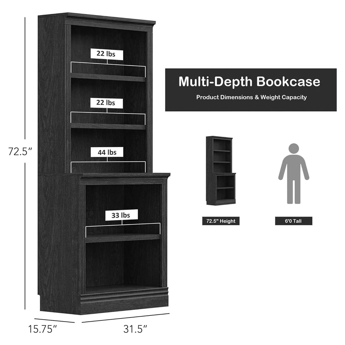 VAUXHILL & CO. Halston Multi-Depth Bookcase, Adjustable Shelving Unit, Black