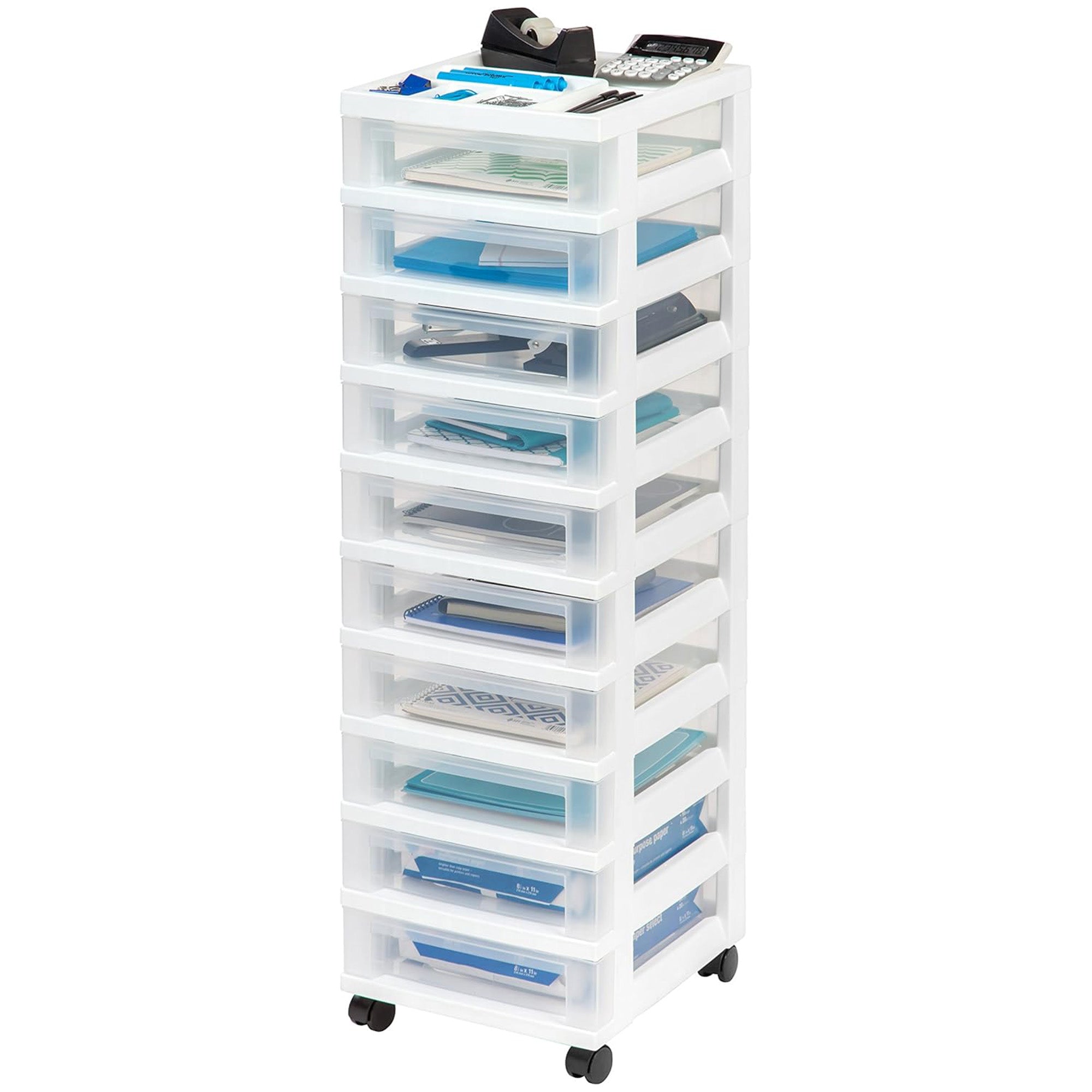IRIS USA 10-Drawer Plastic Storage Organizer Cart and Caster Wheels, White/Clear (Open Box)