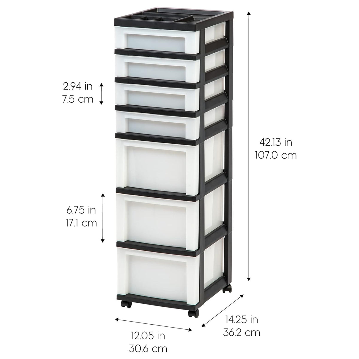 IRIS USA 2 Pack 7-Drawer Plastic Storage Organizer Cart & Caster Wheels, Black